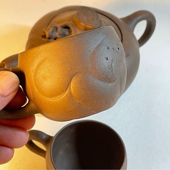 Yixing teapot and cups Chinese purple clay with dragon & pumpkin for good luck - Picture 8 of 10